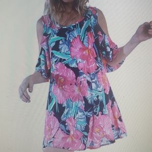 Umgee Floral Navy Pink Cold Shoulder Dress New